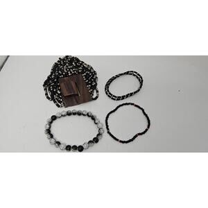 Set of Four Black and Silver Glass Beaded Bracelets